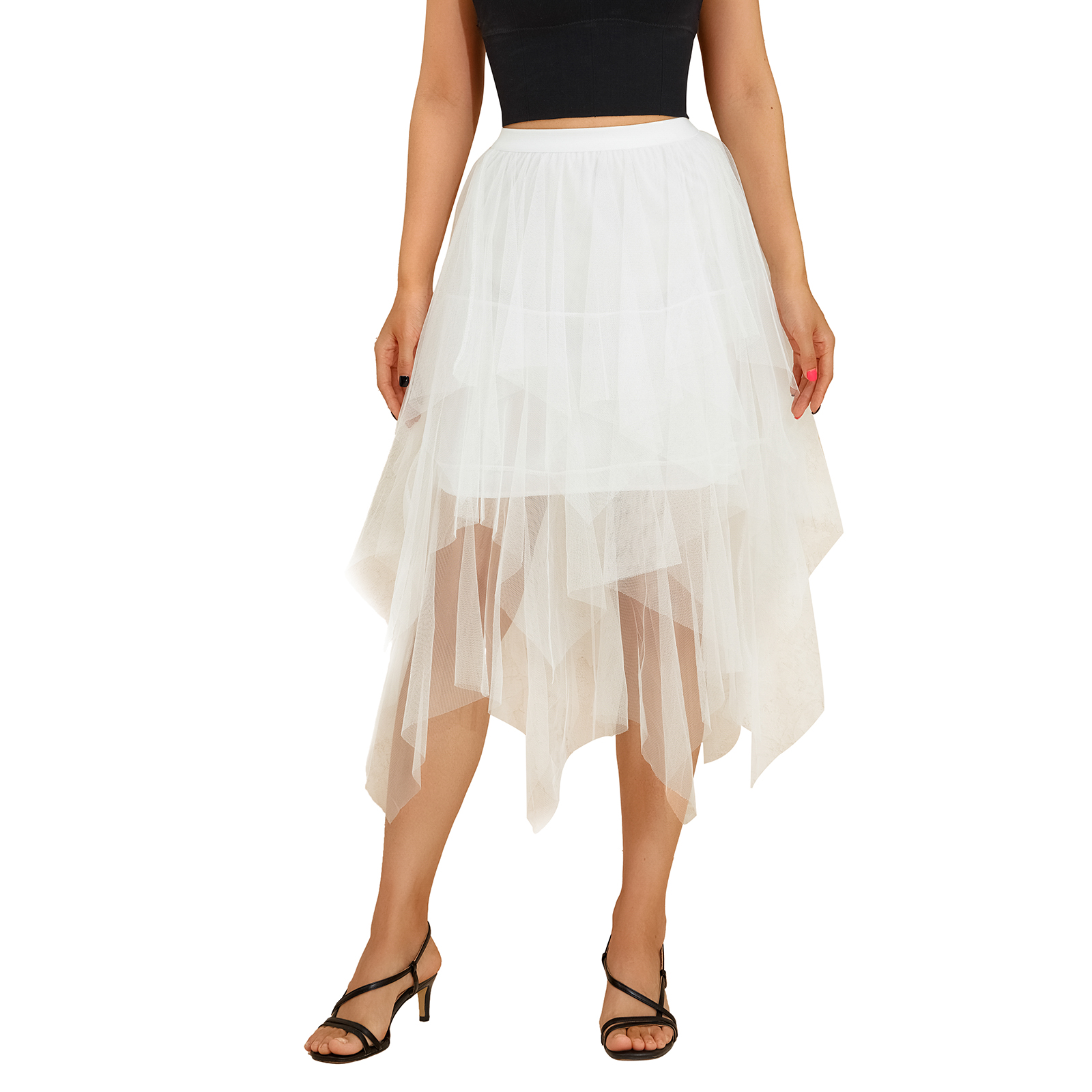 Solid Color Irregular High Waist Tulle Mesh Skirt Women Summer Party Petticoat Ball Gown Skirts: WHITE