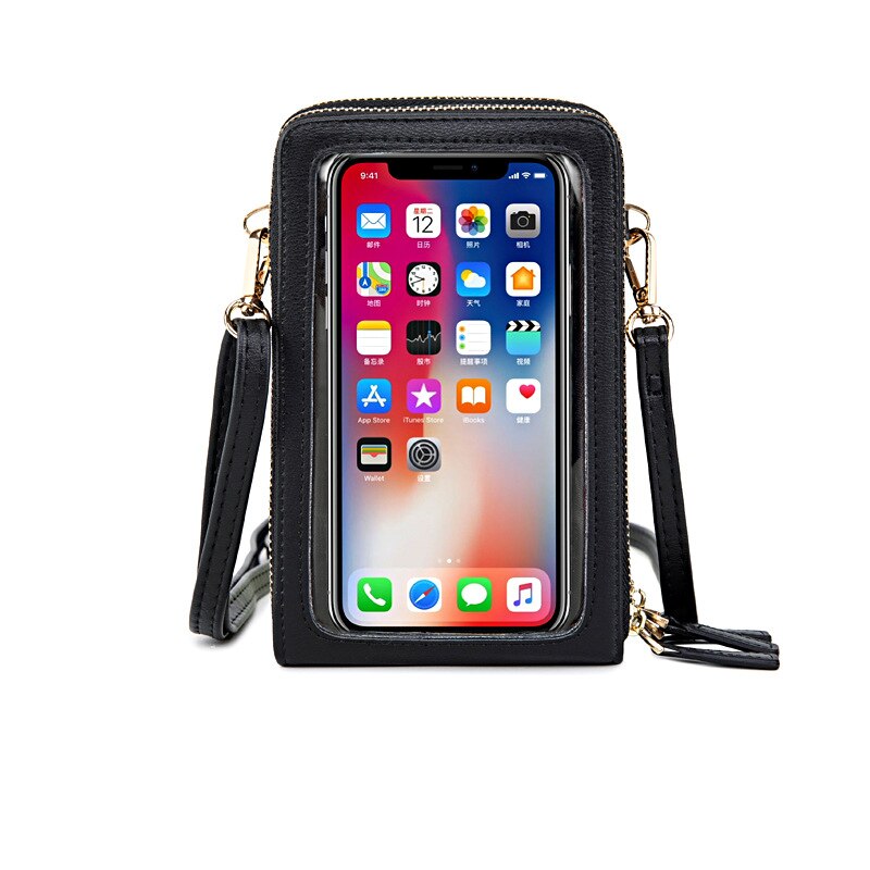 Transparent Touchable Cell Phone Pocket Women's Shoulder Bag Pu Leather Ladies Crossbody Bags Female Small Handbag Purse: Black