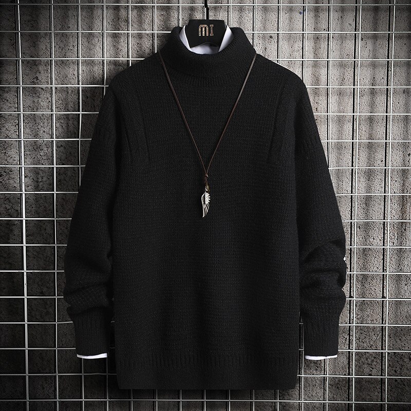 Singleroad overdimensjonert herre turtlenecks genser herre hofte hopp harajuku koreansk høykrage høyhalset genser svart strikkede gensere herre: Svart genser menn / Asiatisk-m