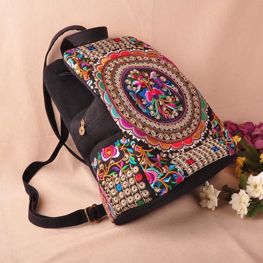 Mochila étnica bordada de lona para mujer, bolso bordado de flores hecho a mano, mochilas escolares,