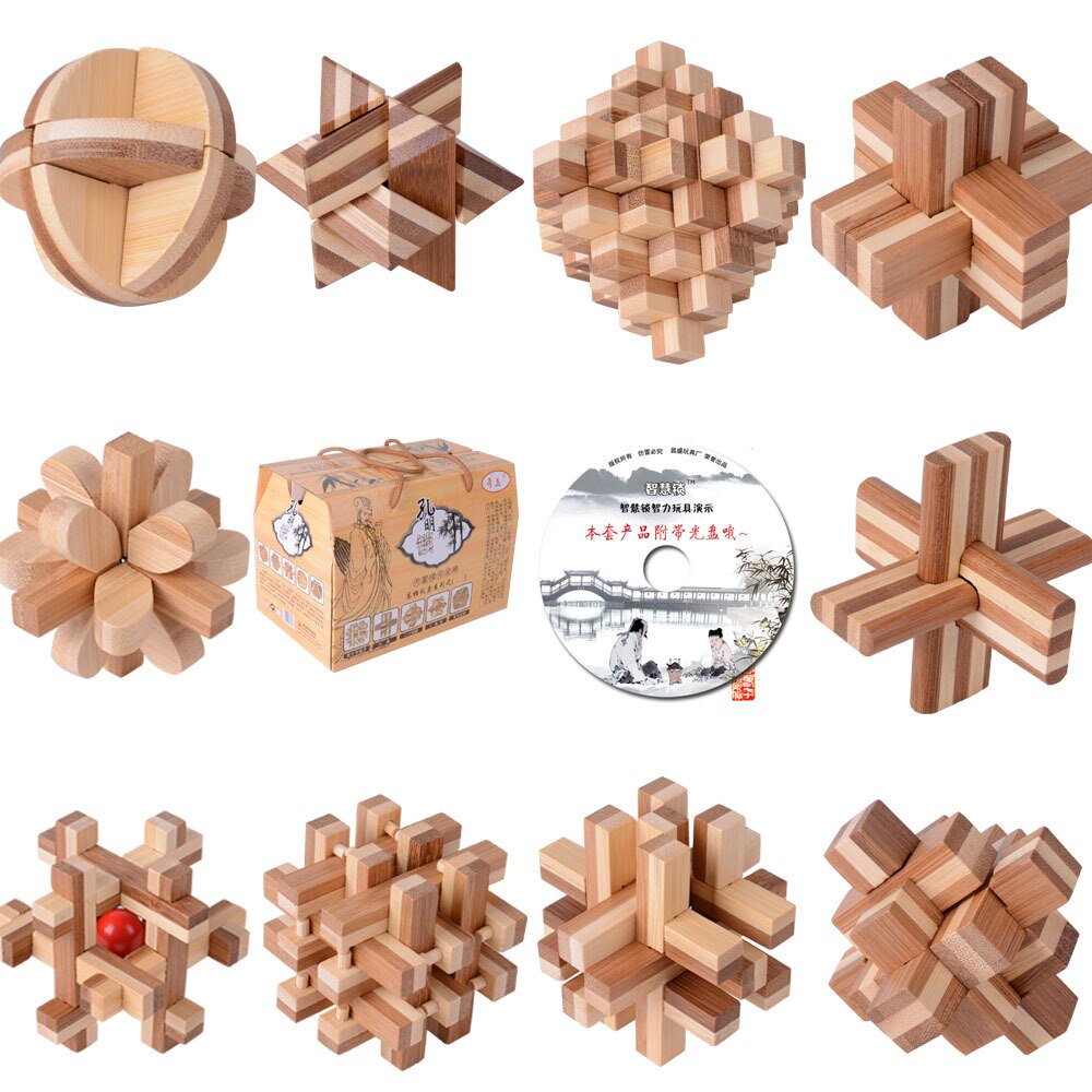 10 Stks/partij Bamboe Met Cd Speelgoed Classic Iq 3D Houten Grijpende Burr Puzzels Mind Brain Teaser Spel Speelgoed Voor Volwassenen kinderen