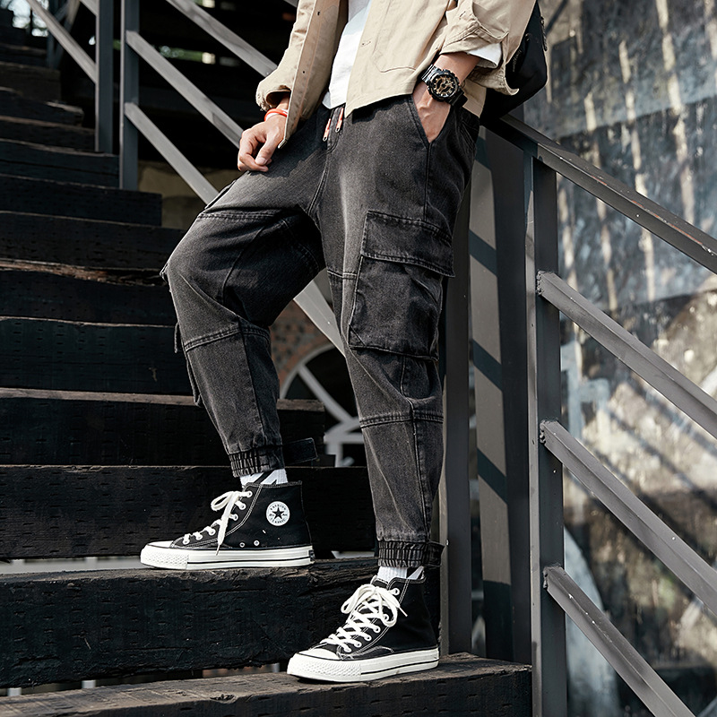 Pantalones vaqueros cargo estilo urbano de idopy para hombre, con puños en los tobillos, estilo hip hop, con múltiples bolsillos, estilo joggers de mezclilla, talla grande m -4xl