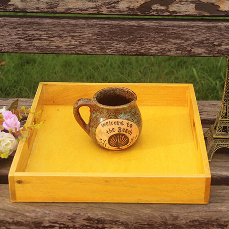 Square Tray Vintage Wooden Wood Bread Tray Cup Cup Household Tray Storage Tray table tray wood trays: Yellow
