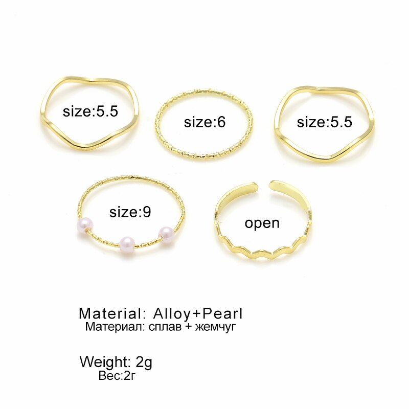 5 Stks/set Mode Imitatie Parel Ringen Voor Vrouwen Goud Kleur Ronde Wave Geometrische Ringen Set Wedding Party Sieraden Nieuw