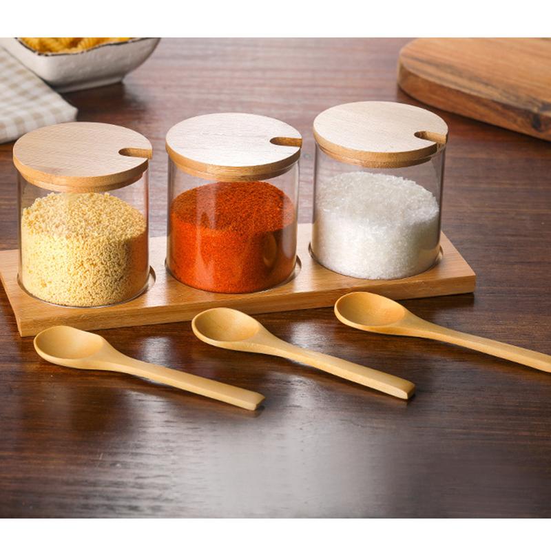 Szklany pojemnik na przyprawy naczynia kuchenne słoik pudełko robić przypraw zestaw zestaw narzędzi robić gotowania z drewnianą łyżeczką przyprawy miski stojak na przyprawy