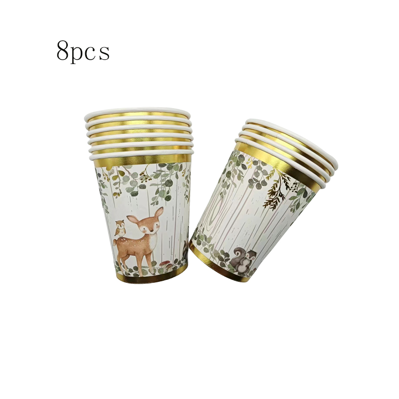 8Pcs Stamped Little Fox Disposable Paper Plate Cup Happy Birthday Picnic Party Baby Shower Jungle Party Decorative Supplies: light yellow