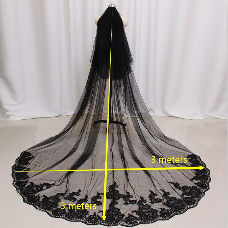 Black Long Wedding Veil with Sequined Lace Cathedral 2T Bridal Veil Cover Face 2 Layers 3 M Veil with Comb Wedding Accessories