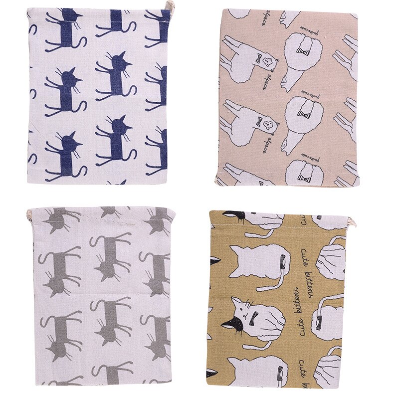 Cotton Linen Cat Pattern Beam Drawstring Bag Cosmetic Bag Travel Makeup Case Organizer Women Men Shoes Zakka Storage Pouch