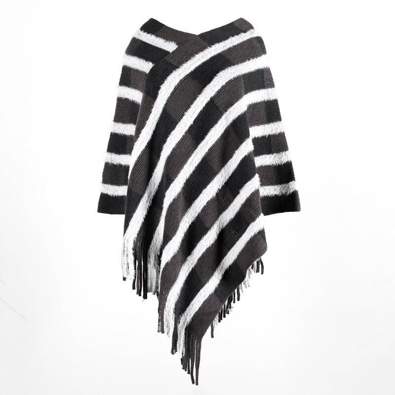 Autumn winter striped Cloak shawl Pullover knitted sweaters women Fringed cloak shawl Fur shawl fringed cape knit sweaters women: Black
