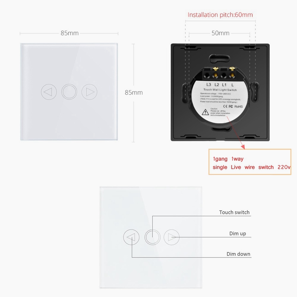 EU/UK Standard LED Light Touch Schalter Glas Panel Home Sensor Dimmer Wand Touchscreen Touch Licht Schalter 1 gang 1 Weg 220V