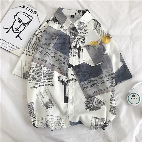 Menn skjorter korte ermer trykt løs fritidsskjorte sommer koreansk stil ulzzang street wear all match studenter herre topper: Hvit / L