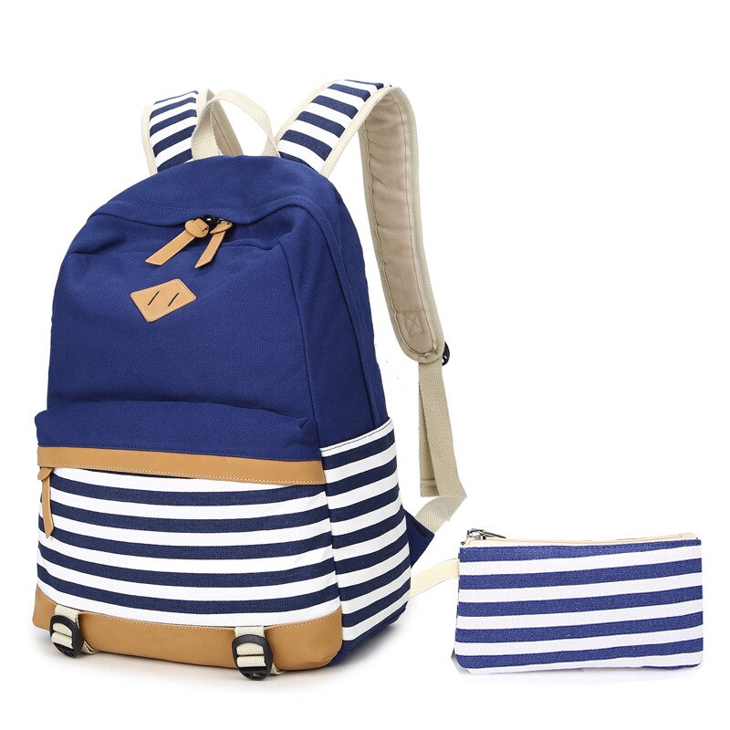 Diomo usb opladning skoletasker til piger lærred bomuldsstof stribet rygsæk til børn taske pakke skoletaske: 1602 blå