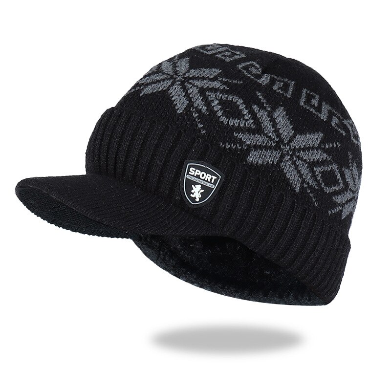 Plus fløjlsstrikket hue vinterhuer til mænd skullies beanies varm kasket mænd baseballkasket snesort printede ski peaked caps: Sort