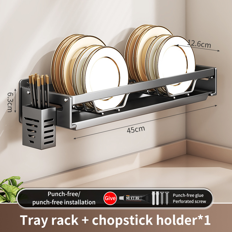 Kitchen Bowl Plate Drying Storage Shelf Wall Mounted Dish Drainer Rack Multifunction Chopsticks Spoon Tableware Dish Holder: plum
