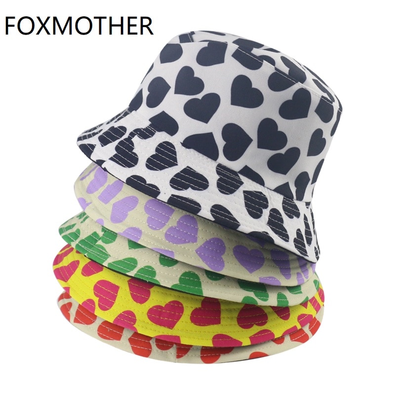 Foxmother Mode Liefde Hart Print Emmer Hoed Omkeerbare Visser Caps Vrouwen Gorras Voor Lover Valentine Mom Vrouw