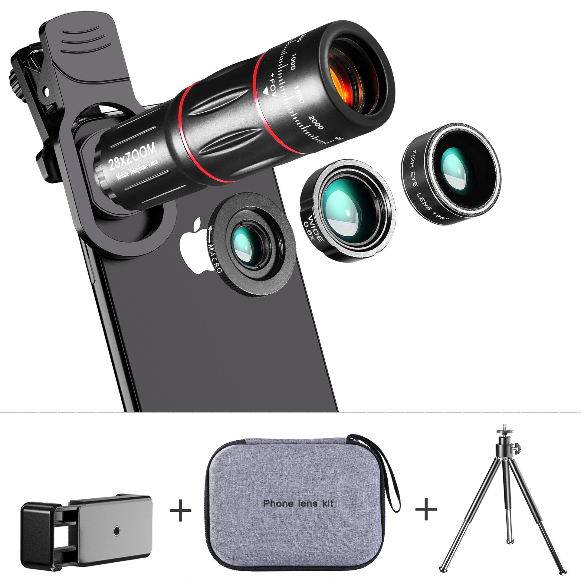 Kit universal 4 da lente do telefone da lente da câmera em 1, 28x lente telefoto, compatível com o iphone 8 7 6s plus x xs xr samsung