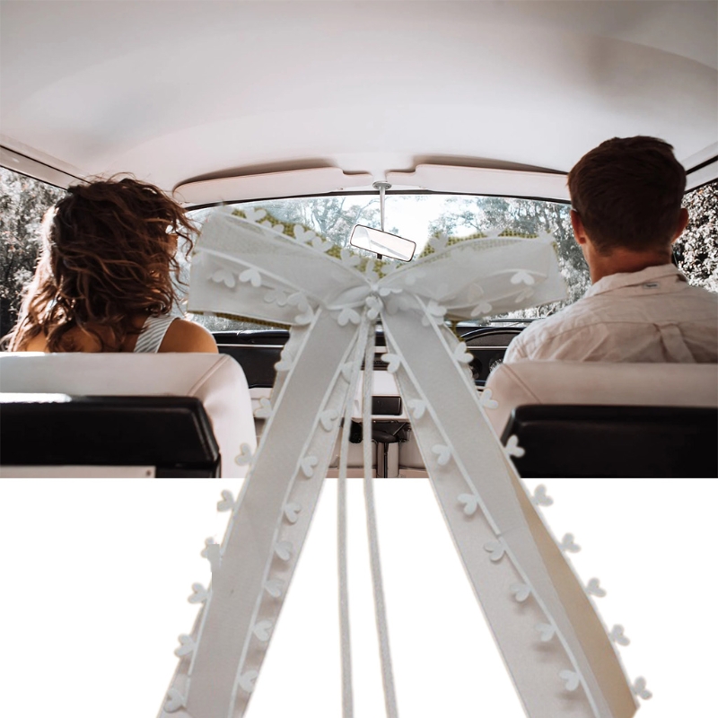 Nœuds d&#39;antenne de voiture de , blanc avec pompon, décoration de voiture, nœuds de mariage, ruban en Satin fait à la main pour voiture Au25 21
