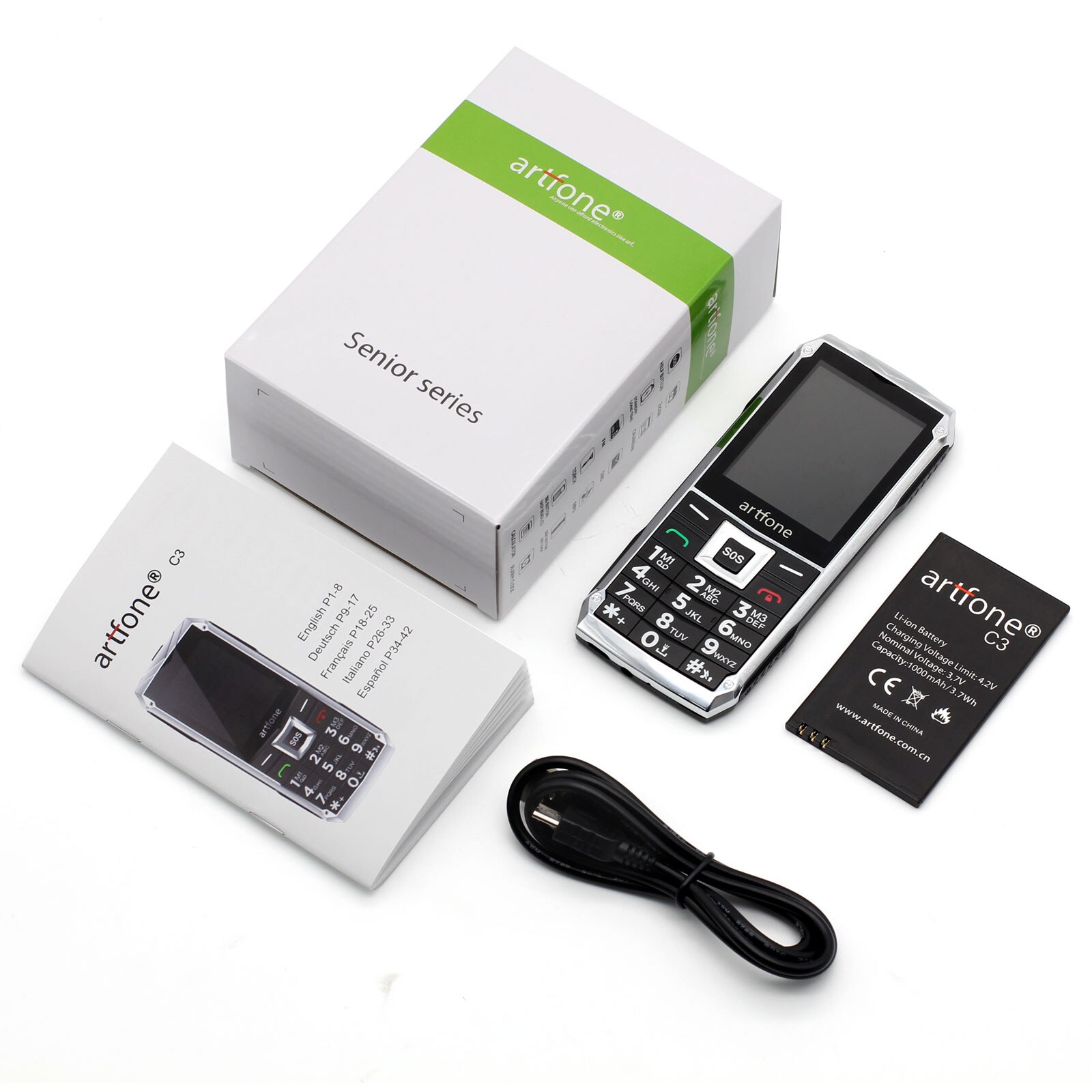 Teléfono Móvil para ancianos con botón grande de pantalla a color de 2,4 pulgadas, Artfone Dual SIM Modo de espera Dual desbloqueado GSM SOS teléfono móvil (2G)