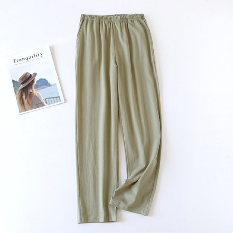 Spring Summer Lovers Loose Thin Sleep Bottoms Solid Color Men Women Full Length Pants Elastic Waist Couples Caual Wear: women-green / M