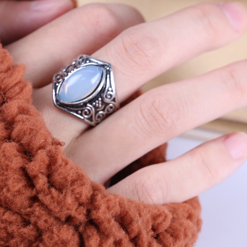 Anel tibetano grande cristal de cura, vintage boho antigo indiano pedra da lua, joia fina meninas presentes para mulheres
