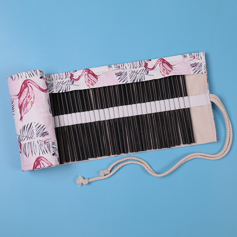 Handmade Canvas Pencil Wrap Roll Up Case Holder Bohemian Style Travel Drawing Sketching Coloring Pencil Roll Organizer: Flamingo 48 Holes
