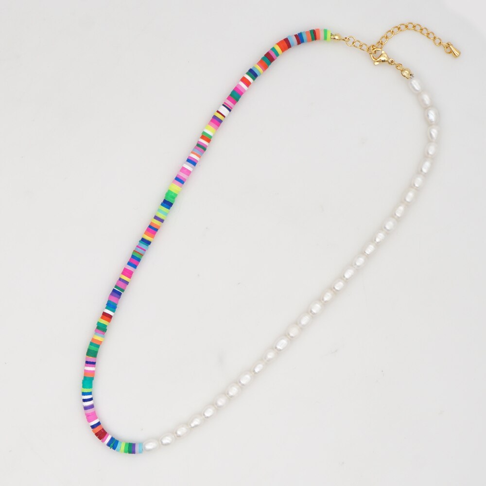 Go2 boho zoetwaterparels kettingen voor dames, sieraden van polymeerklei, heishi, 4mm kralen, handgemaakte choker, roestvrijstalen ketting