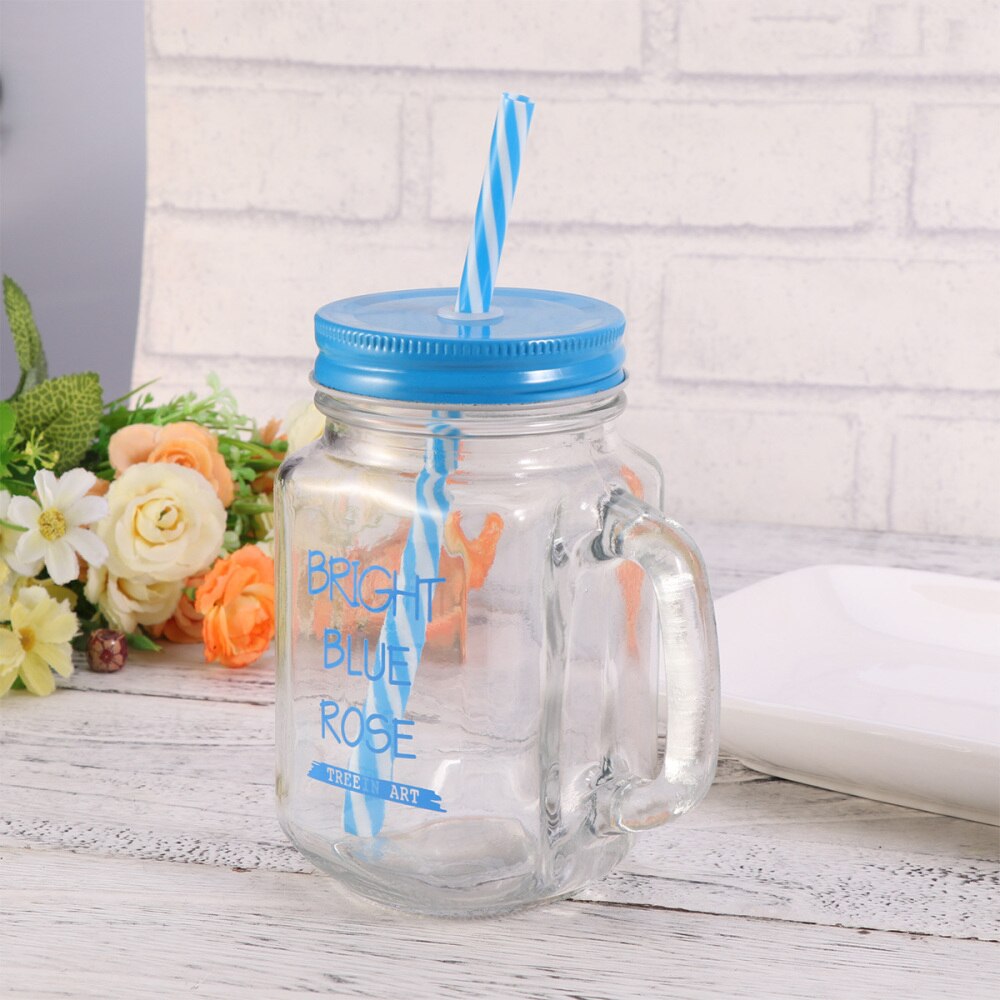2 Stuks 500Ml Stro Mason Cup Zomer Draagbare Cup Glas Drinken Beker Met Stro Deksel (Blauw)