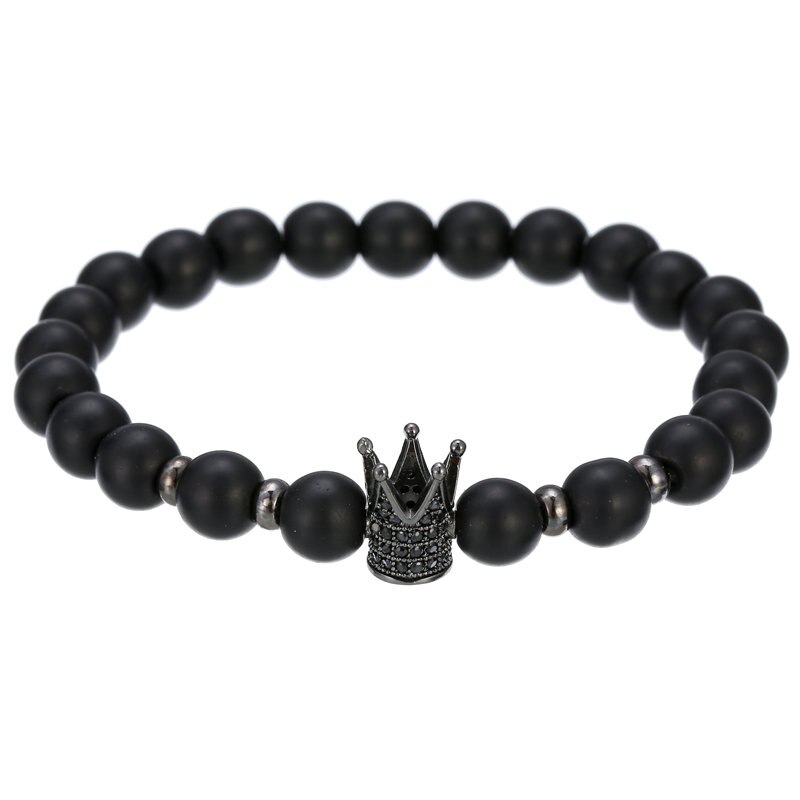 Pulsera de cobre hecha a mano para hombre y mujer, Micro CZ King crown, cuentas elásticas de 8mm, brazalete de joyería,: BA-011H