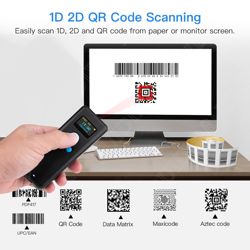 Portable 1D 2D Barcode Scanner Handheld Mini Bluetooth Scanner 2.4G Wireless with Display for Expressman Mobile Phone QR PDF417