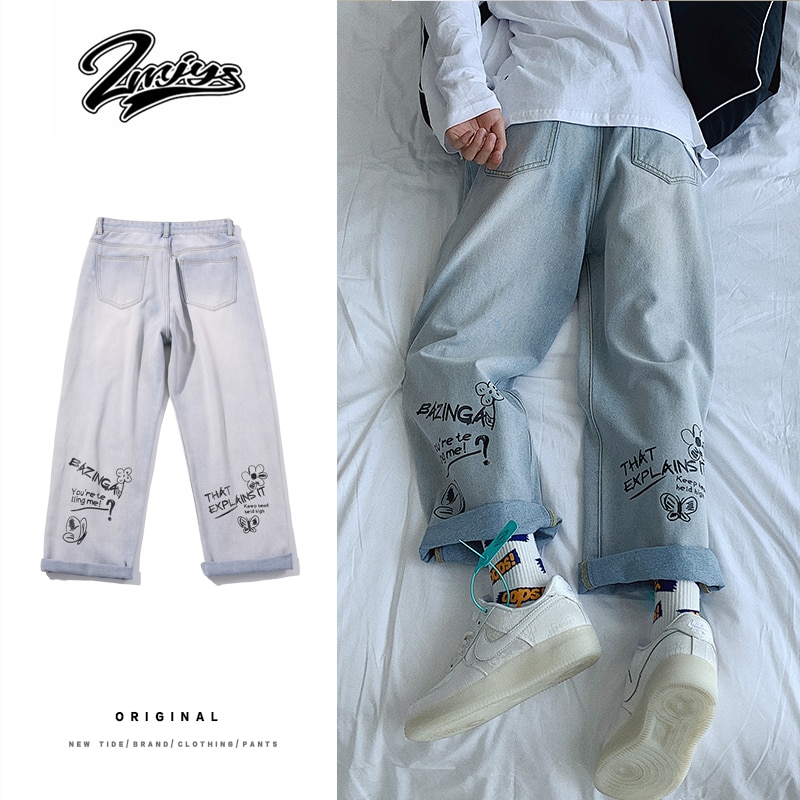 ZAZOMDE Jeans Men Hip Hop Style Denim Pants Graffiti Letter Print Men Jeans Patch Baggy Casual Trouser Hipster Jeans Streetwear