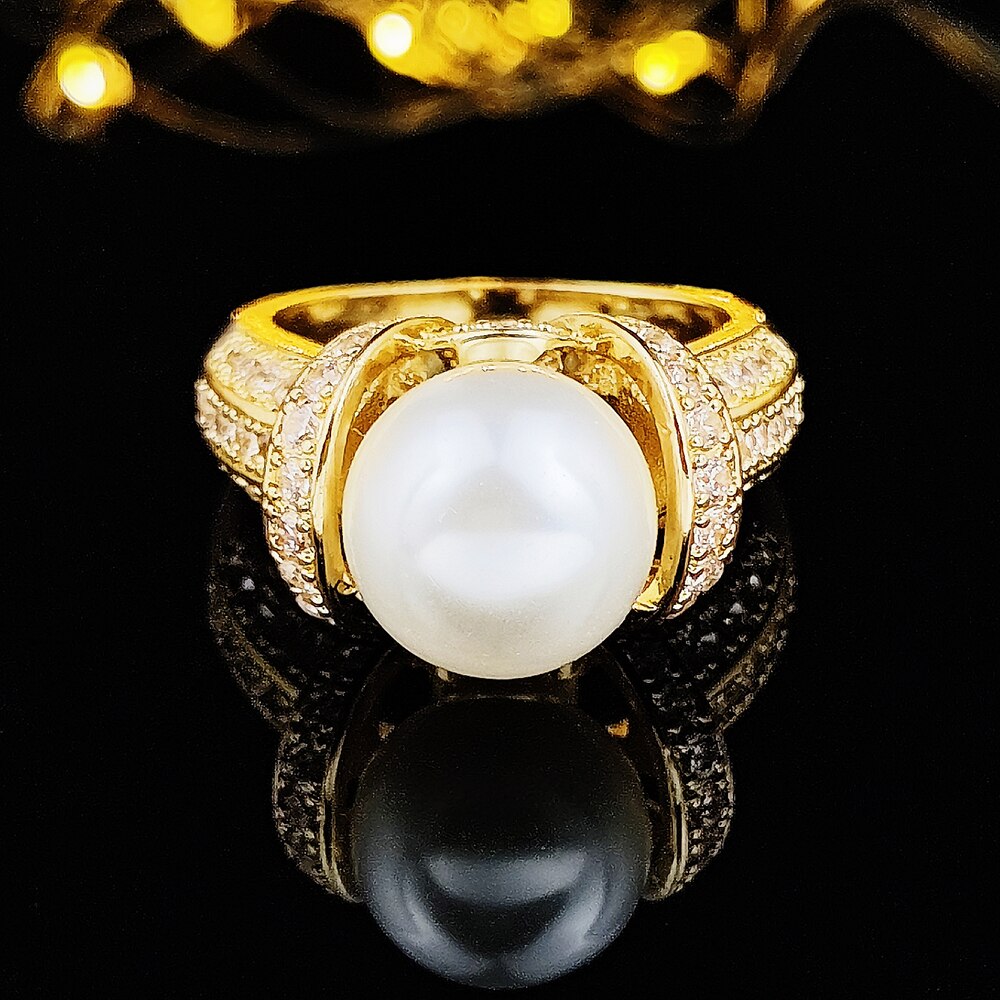 Anillo de compromiso con Halo de Color dorado para mujer, joyería de lujo con perla de imitación, de aniversario, 2022