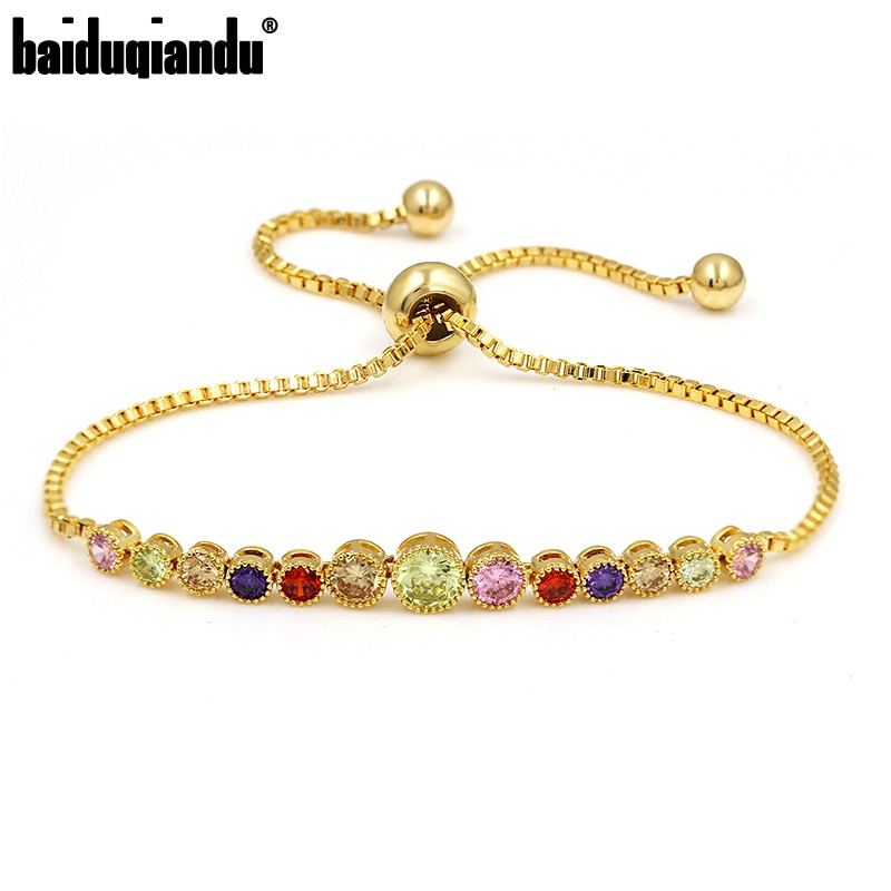 baiduqiandu Rainbow Color Round Cut Cubic Zirconia CZ Crystal Adjustable Bracelets in assorted colors