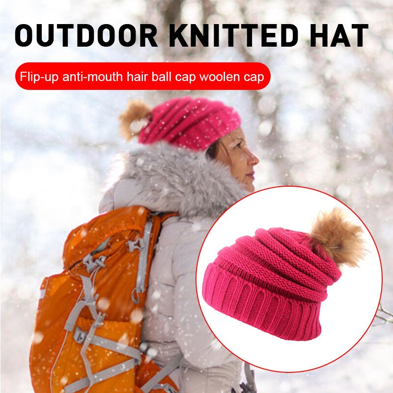 Outdoor Caps Cute Winter Women Crochet Knitted Hat Caps Wool Fur Bobble Ball Pompom Beanies Hats