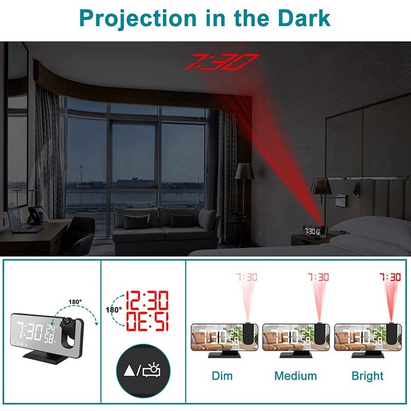 Projection Alarm Clock with Temperature Hygrometer,7.3Inch LED Radio Digital Clock with Rotation Ceiling Projector