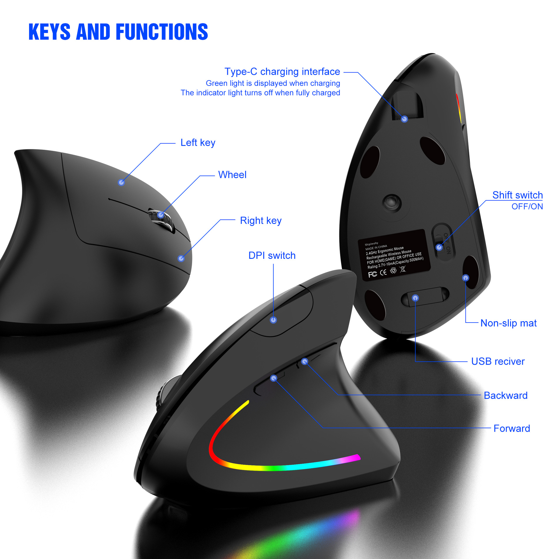 Wireless Vertical Mouse Bluetooth 2.4G Dual Mode 6 Keys Ergonomic 2400 DPI RGB Backlight Type C Muted Click Gaming H1