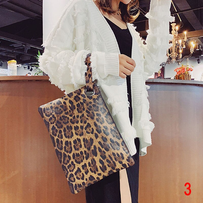 Kvinder håndled håndtaske overdimensioneret pung leopard print pu læder aften taske pose bedst -wt: 3