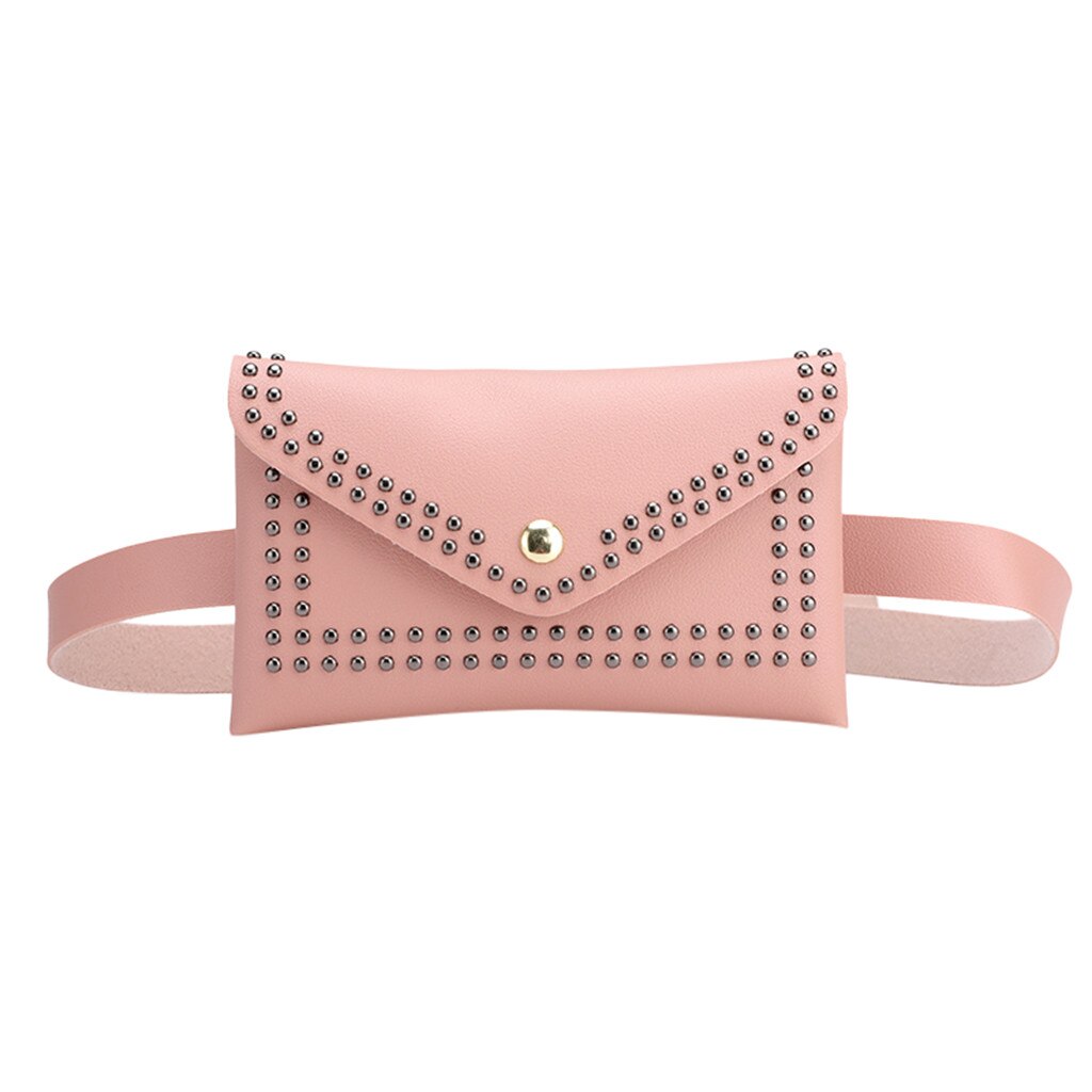 Solid Color Rivets Leather Waist Bag Women Hasp Small Mobile Pouch Chest Pocket Belt Bag Female Crossbody bag fanny pack#LR1: Pink