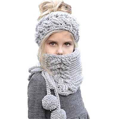 2 Pieces Set Kids Winter Hat Scarf For Girls Hats warm knitted cap Children's winter cloak thickening handmade scarves shawl: A-grey
