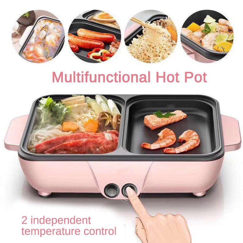 220V 1200W 2 in 1 Mini Electric Cooking Pot Machine Multifunction Hotpot Noodles Eggs Soup Barbecue Non-Stick BBQ Heating Pan
