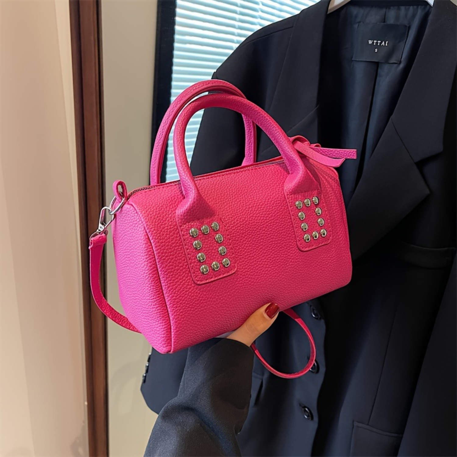 Mini-Quadrat-Zylindertasche mit Nieten-Dekor, Damen-Umhängetasche mit Griff oben