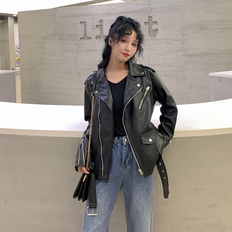 Fitaylor-chaqueta de cuero de imitación para mujer, chaqueta negra con solapa para motocicleta, abrigo Punk Vintage con cremallera, prendas de vestir con cinturón