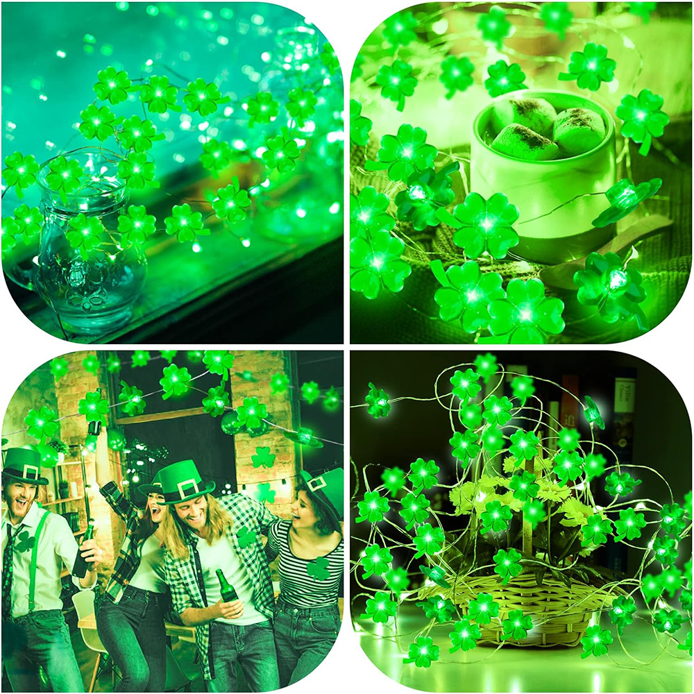 3M LED St Patricks Day Decorations Battery Operated Shamrocks String Lights Lucky Clover Green Fairy Lights DIY Party Ornaments
