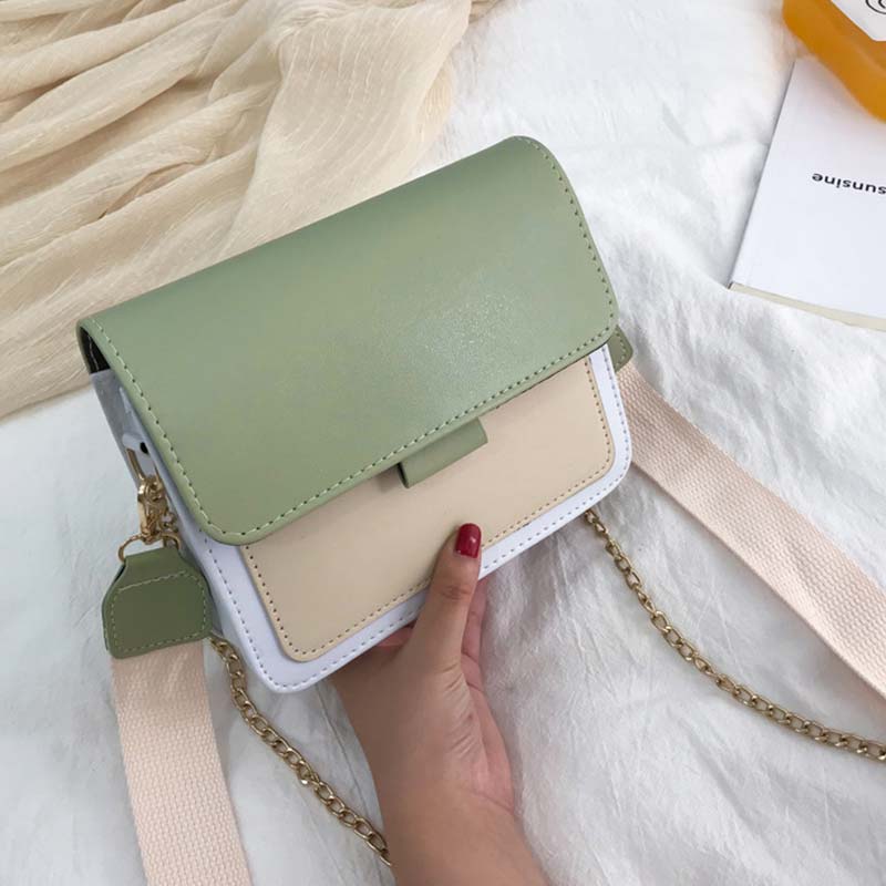 Contrast Kleur Lederen Crossbody Tassen Voor Vrouwen Reizen Handtas Mode Eenvoudige Schouder Messenger Bag Dames Mini Flap Bag: green