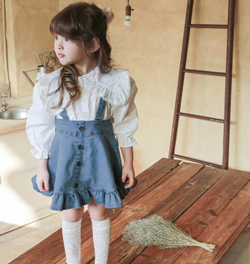 Korean Style Summer Teenagers Girl Skirt Dark Light Blue A-line Denim Overalls Skirt Children Girls Clothes