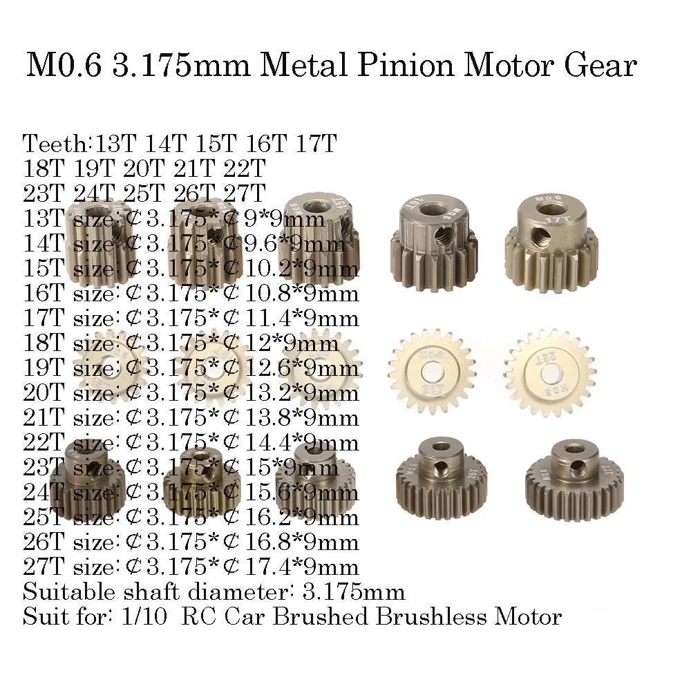 1pcs M0.6 3.175mm 13T 14T 15T 16T 17T 18T 19T 20T 21T 22T 23T 24T 25T 26T 27T Metal Pinion Motor Gear for RC 1/10 Car Motor