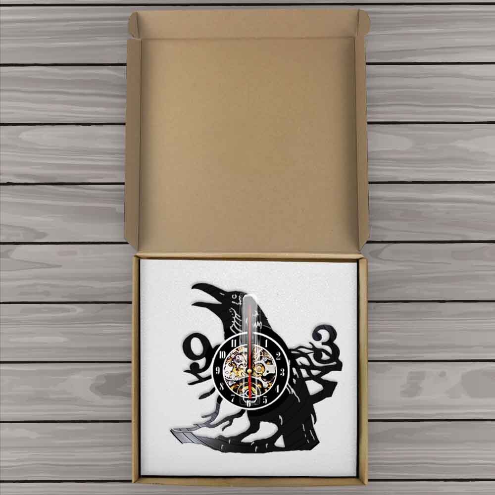 Sooty Raven Wall Clock Howling Art Decorative Modern 3D Quartz Watch Vinyl Music Record Timepiece LED Lighting Night Lamp