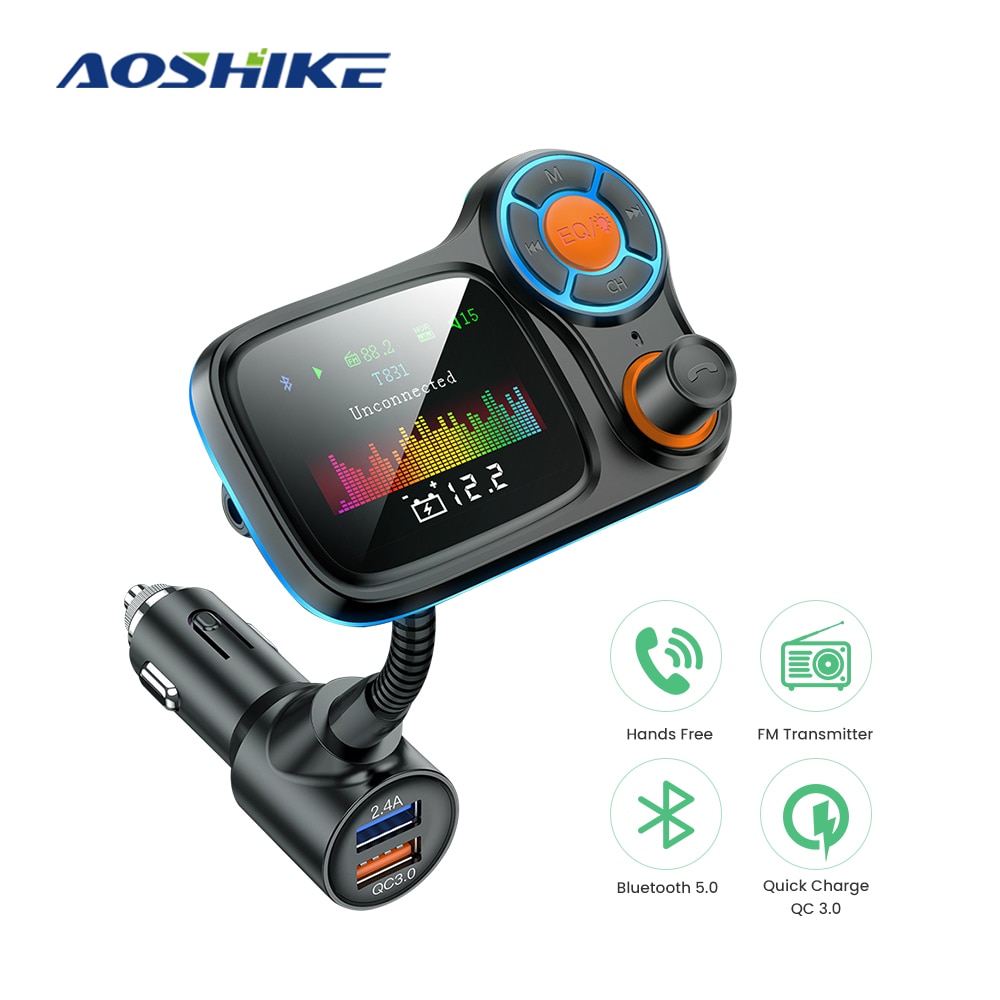 Aoshike Auto Bluetooth 5.0 Fm-zender Handsfree Carkit Aux Bt Bluetooth Ontvanger Mp3 Speler Met Qc 3.0 Fast Charger adapter