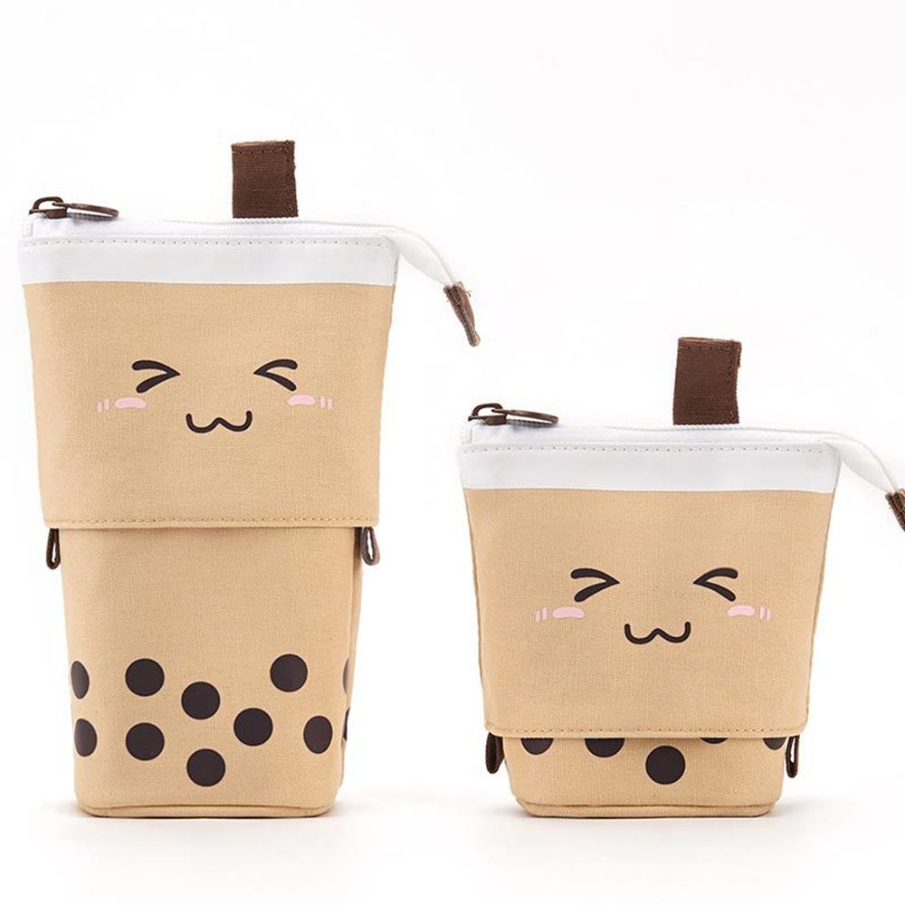 Leuke Boba Milktea Potlood Bagtelescopic Pen Houder Stand Up Etui Kawaii Cosmetica Zakje Make-Up Tas Briefpapier Organizer: A-brown