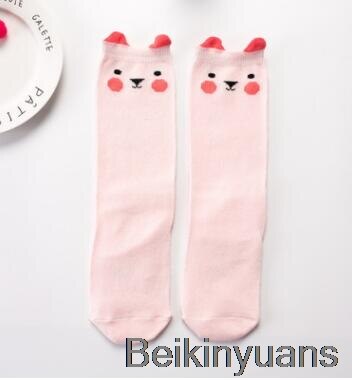 #39 met dierenprint, katoenen babysokken, kniehoge sokken met cartoonprint, schattige kindersokken voor peuters en meisjes: Roze beer / 0 to 1 jaar 23cm