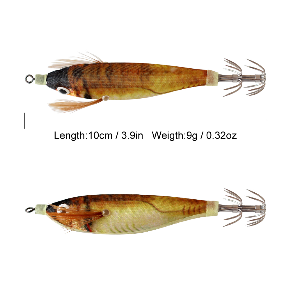 Señuelo de pesca con anzuelo de calamar, 2 uds., luminoso, 10cm, 9g, señuelos de pulpo falsos artificiales, señuelos de camarón de madera, sepia, cebo duro, aparejos de anzuelos de mar